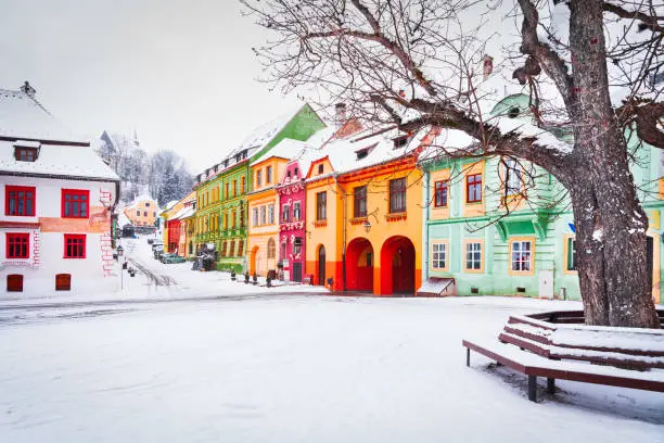 Sighisoara, Romania. Winter snowy medieval city, historic region of Transylvania.