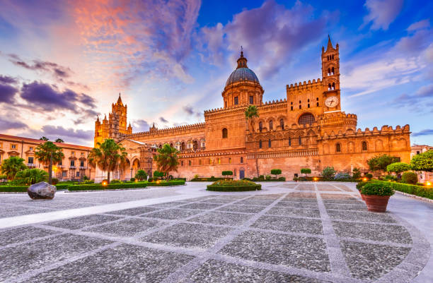 Palermo, Italy. Norman Cathedral in Sicily Palermo, Italy. Sunset with Norman Cathedral, travel in Sicily. palermo sicily stock pictures, royalty-free photos & images