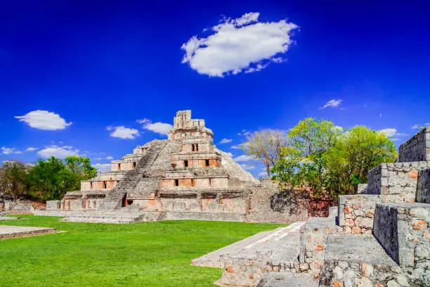 Edzna, Mexico. Yucatan Mayan precolumbian ruins. Pyramid of the Five Floors and Gran Acropolis. Famous travel place.