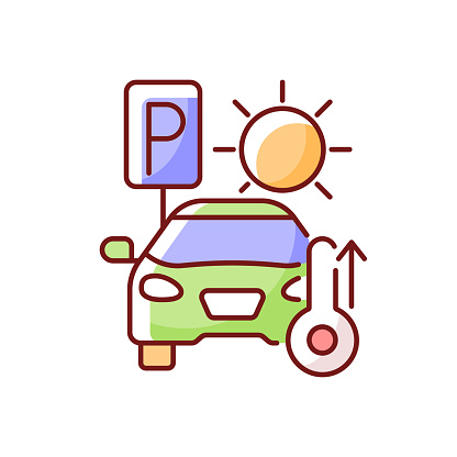 Not staying in parked car RGB color icon. High temperature in automobile on parking. Isolated vector illustration. Heatstroke prevention during summer heat wave simple filled line drawing