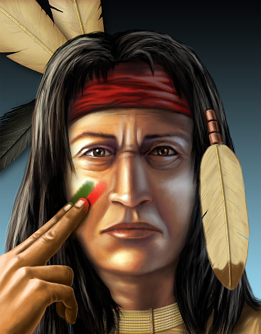 Warrior painting his face. Digital illustration, figure created from scratch, no model release necessary.