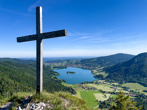 View from the mountains on Lake Schliersee in the Bavarian Alps