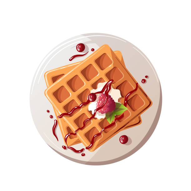 belgijskie gofry z jagodami na talerzu. zdrowe odżywianie, odżywianie, gotowanie, menu śniadaniowe, świeże jedzenie, deser, przepisy kulinarne, koncepcja ciasta. - waffle breakfast syrup plate stock illustrations