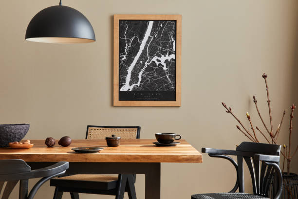 istock Stylish dining room interior with wooden walnut table. Template. 1323854771