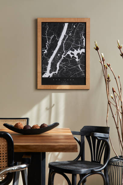 istock Stylish dining room interior with wooden walnut table. Template. 1323854774