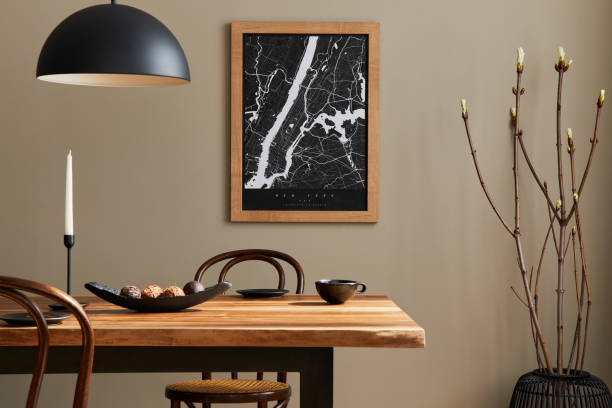 istock Stylish dining room interior with wooden walnut table. Template. 1323854786