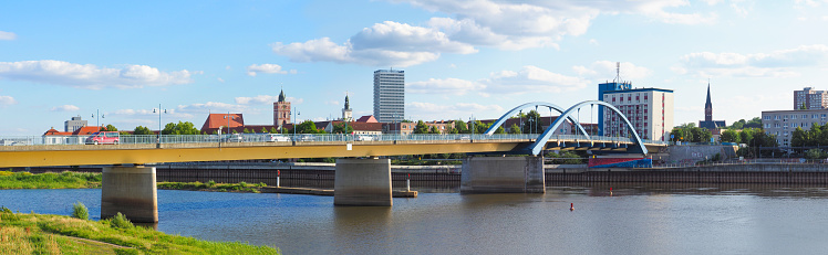 Frankfurt or Oder, Germany - June, 2019: Bridge to Frankfurt or Oder. Border between Germany and Poland. Stadtbrucke, bridge border Slubice - Frankfurt