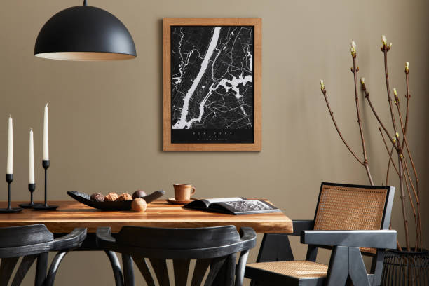 istock Stylish dining room interior with wooden walnut table. Template. 1323854861