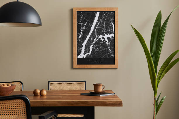 istock Stylish dining room interior with wooden walnut table. Template. 1323854873