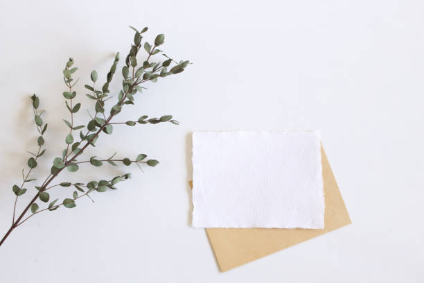 istock Bright female spring template mockup scene with white greeting card and eucalyptus leaves on white background table wedding style. 1323854995