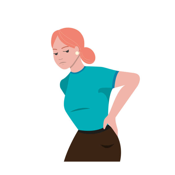 ilustraciones, imágenes clip art, dibujos animados e iconos de stock de la niña tiene un dolor lumbar. la chica está de mal humor debido a las dolorosas molestias en la espalda. clipart, ilustración vectorial sobre un fondo blanco aislado. - backache pain cartoon back