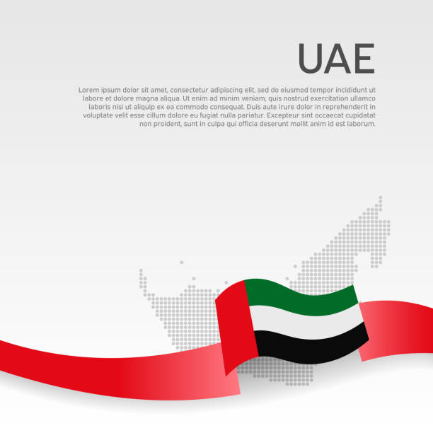 Background with wavy flag and mosaic map of united arab emirates. UAE flag with wavy ribbon on white. National poster design. Business booklet. State UAE patriotic banner, flyer. Vector illustration Background with wavy flag and mosaic map of united arab emirates. UAE flag with wavy ribbon on white. National poster design. Business booklet. State UAE patriotic banner, flyer. Vector illustration united arab emirates flag map stock illustrations