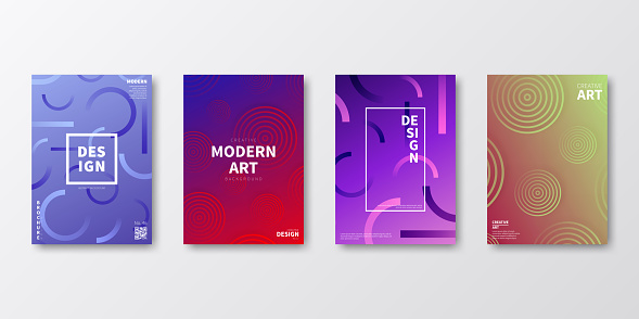 Set of four vertical brochure templates with modern and trendy backgrounds, isolated on blank background. Abstract colorful illustrations. Circles and circular shapes with beautiful color gradients (colors used: Red, Purple, Pink, Orange, Green, Blue, Black). Can be used for different designs, such as brochure, cover design, magazine, business annual report, flyer, leaflet, presentations... Template for your own design, with space for your text. The layers are named to facilitate your customization. Vector Illustration (EPS10, well layered and grouped), wide format (2:1). Easy to edit, manipulate, resize and colorize.
