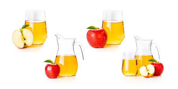 Set of drinking glasses and jars full of apple juice isolated on white background.\n\nThe composition includes:\n-A single drinking glass full of apple juice with a sliced apple\n-A single drinking glass full of apple juice with a whole apple\n-A single jar full of apple juice with a whole apple\n-A drinking glass and a jar full of apple juice with a sliced and a whole apple