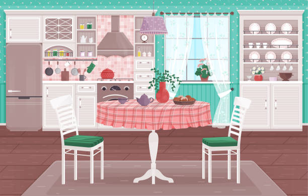 istock Rustic kitchen empty interior with appliances western wooden furniture 1323858120