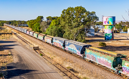 Snowtown, Australia - March 31, 2021: One Rail Australia loaded grain train wagons passing the colourful street art mural on the old Snowtown water tower. Graffiti on railroad cars, Street Art on town water tower