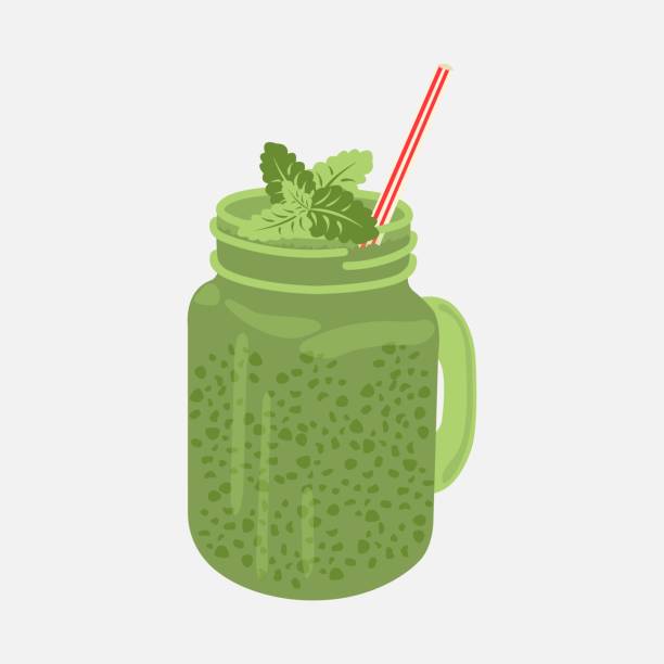 zielone koktajle ze słomkami i liśćmi mięty - leaf cup breakfast drink stock illustrations