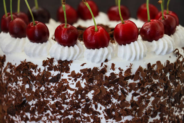 istock Full frame image of Black Forest gateau with piped whipped cream rosettes topped with morello cherries, luxury chocolate cake frosted with whipped cream and covered with chocolate shavings on cake stand, black background, focus on foreground 1323862447