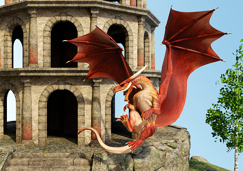 3D rendering of a fairy tale dragon and a medieval tower