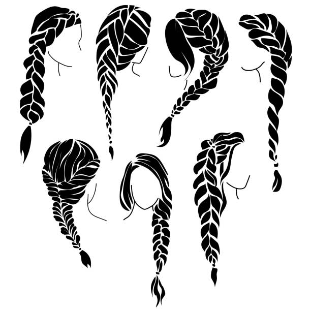 Set of braids silhouettes, beautiful female hairstyle with braiding Set of braids silhouettes, beautiful female hairstyle with braiding vector illustration braided hair stock illustrations