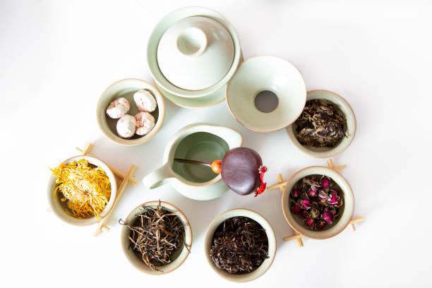 istock Set of tea leaves and flowers for making tea. 1323867262
