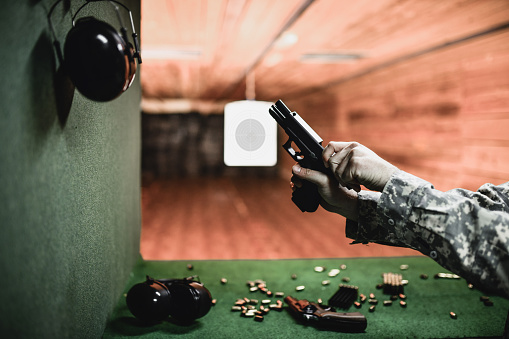 Soldier Locked And Loaded For Firing Range Pistol Practice