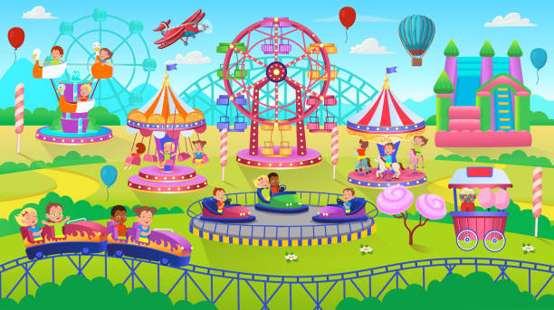 ilustraciones, imágenes clip art, dibujos animados e iconos de stock de escena del parque temático con coches eléctricos, noria, carrusel, trampolín. parque de atracciones. ilustración vectorial para niños. - rollercoaster carnival amusement park carousel