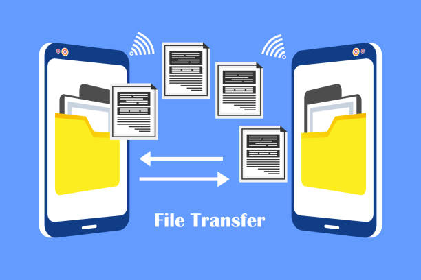 dateiübertragung. zwei mobiltelefone mit ordnern auf dem bildschirm und übertragenen dokumenten. kopieren von dateien, datenaustausch, backup - vector interface icons arrow sign two objects stock-grafiken, -clipart, -cartoons und -symbole