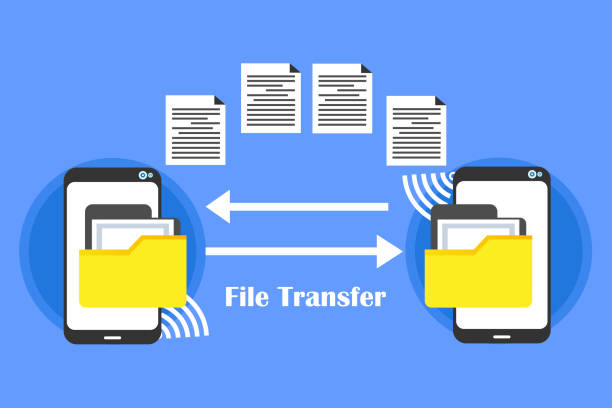 ilustraciones, imágenes clip art, dibujos animados e iconos de stock de transferencia inalámbrica de archivos y comunicación con el teléfono móvil - sharing giving file computer icon