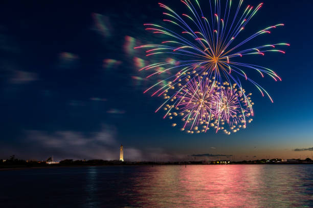Fireworks display celebrating essential workers over Jones Beach State Park.