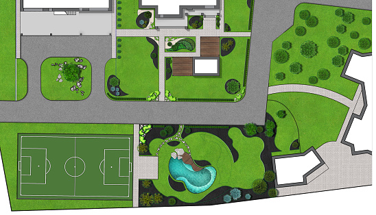Bird's eye view illustration of complete residential lot landscaping.