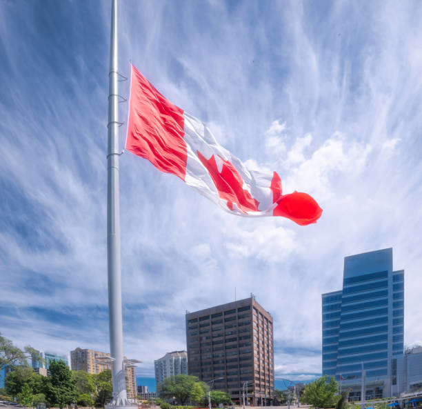 istock Windsor, Ontario Skyline - Canadian Flag At Half-Mast 1323870810