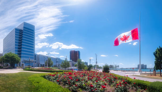 istock Windsor, Ontario Skyline - Canadian Flag At Half-Mast 1323870888