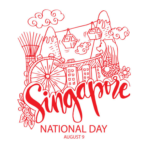 singapur national day poster-konzept. 9. august. doodle-stil. - singapore stock-grafiken, -clipart, -cartoons und -symbole