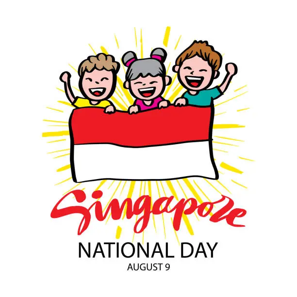 Vector illustration of Hand drawing boy and girl holding National Singapore flag. August 9th.