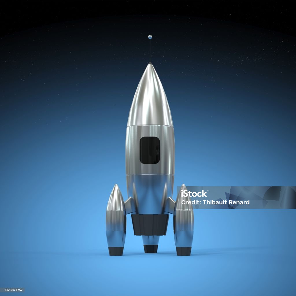 cartoon rocket for space tourists - 3D rendering cartoon rocket for space tourists - blue background - 3D rendering Rocketship Stock Photo