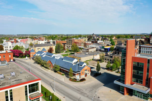 Aerial of Woodstock, Ontario, Canada city center An aerial of Woodstock, Ontario, Canada city center woodstock stock pictures, royalty-free photos & images