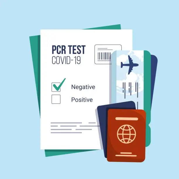 Vector illustration of Vector illustration of negative result on PCR test for Covid-19, passports with airline boarding pass tickets.