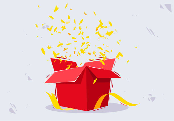 illustrations, cliparts, dessins animés et icônes de illustration vectorielle d’un confetti doré s’envolant d’une boîte-cadeau rouge ouverte avec des rubans d’or - surprise