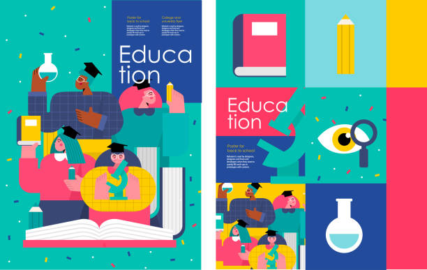 다시 학교와 교육. 책, 연필, 현미경 및 학교 물건과 대학 및 대학에서 학생과 학생들의 벡터 그림. 포스터, 배경 또는 전단지를 위한 도면 - science abstract illustrations stock illustrations