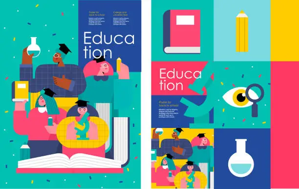 Vector illustration of back to school and education. Vector illustration of schoolchildren and students in college and university with books, pencils, microscope and school objects. Drawings for poster, background or flyer