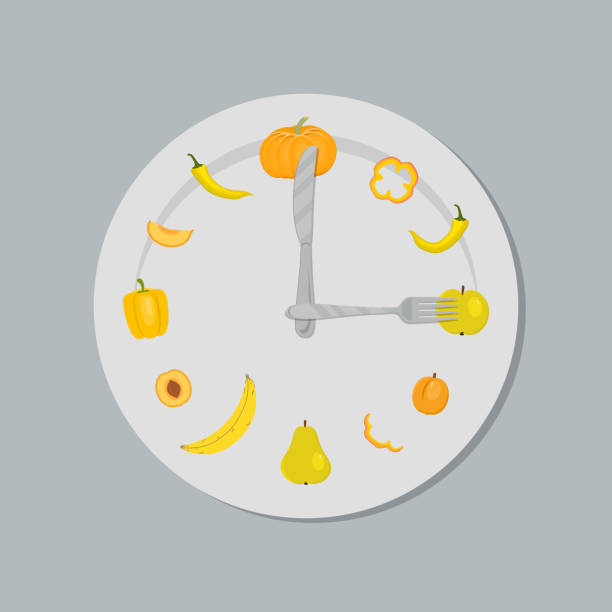 ilustrações, clipart, desenhos animados e ícones de conceito de comida saudável. prato com legumes e frutas amarelas, faca e garfo em forma de mãos relógio - lunch clock healthy eating plate