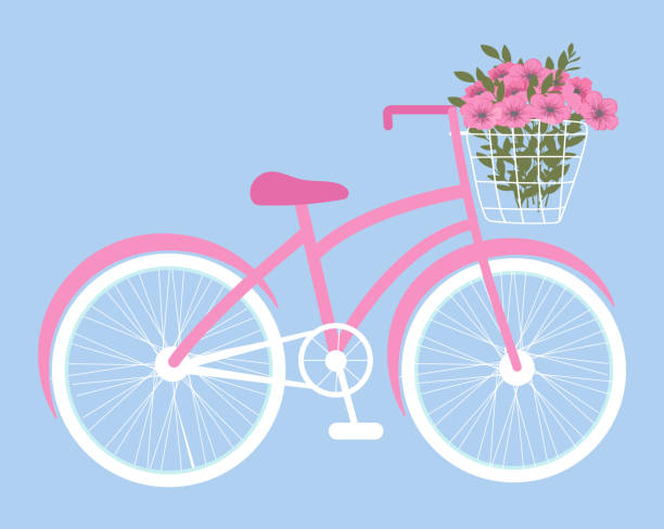 ilustraciones, imágenes clip art, dibujos animados e iconos de stock de bicicleta con cesta de flores. bicicleta con un hermoso ramo de flores y hojas verdes. - hanging flower basket isolated