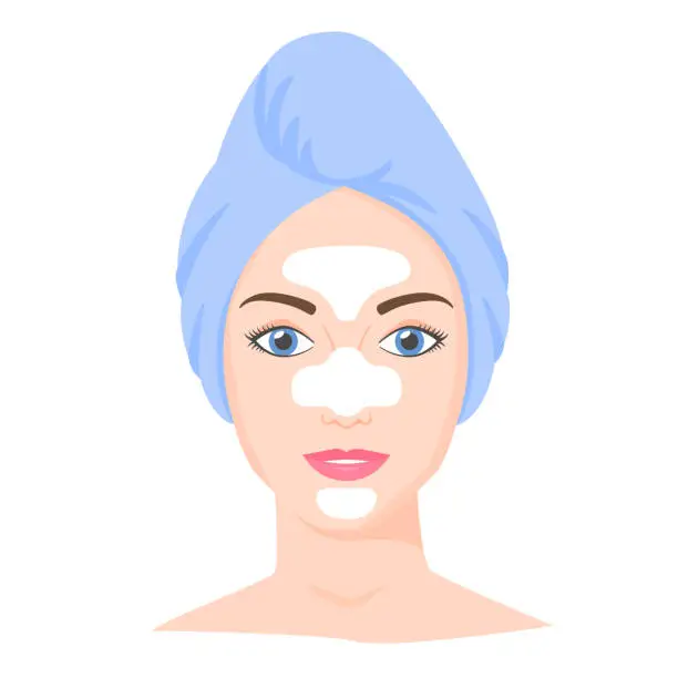 Vector illustration of Young white woman with cosmetic mask and towel on head. Skincare procedures at home. Cosmetic clay or sheet mask. Vector