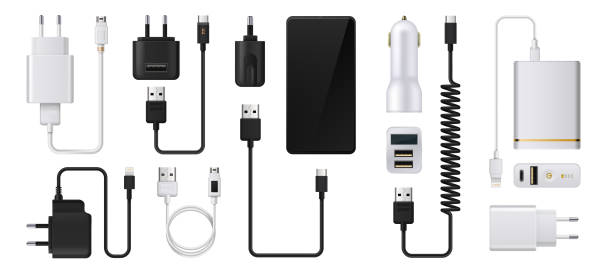 ilustrações, clipart, desenhos animados e ícones de carregador de telefone. fonte de alimentação realista do smartphone. cabos usb 3d e plugues elétricos. adaptadores automáticos para dispositivos de carregamento. cabos de energia. equipamento digital vetorial para reabastecimento de acumuladores - usb wire