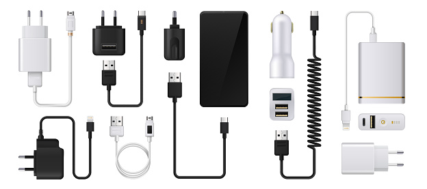 Phone charger. Realistic smartphone power supply. 3D USB cables and electric plugs. Auto adaptors for charging devices. Power cords. Vector digital equipment for accumulator refuels