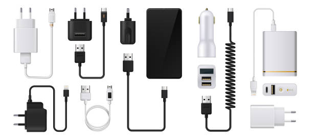 Phone charger. Realistic smartphone power supply. 3D USB cables and electric plugs. Auto adaptors for charging devices. Power cords. Vector digital equipment for accumulator refuels Phone charger. Realistic smartphone power supply. 3D USB cables and electric plugs. Automobile adaptors for charging devices. Isolated power cords. Vector digital equipment for accumulator refuels phone charger cable stock illustrations