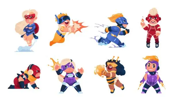 Vector illustration of Superhero kids. Cartoon children in funny carnival costumes. Cute strong boys and girls with superpowers. Isolated people run and fight. Persons in heroic poses. Vector comic rescuers set