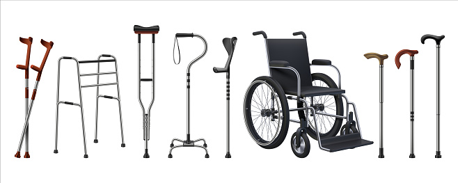 Realistic wheelchairs and canes. 3D medical supplies for musculoskeletal injury patients. Isolated walking sticks set. Rehabilitation staffs and crutches. Vector props for old or handicapped persons