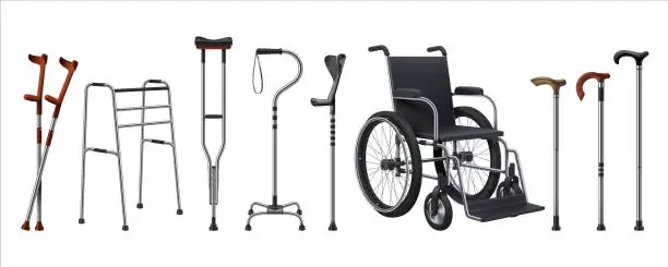 Vector illustration of Realistic wheelchairs and canes. 3D medical supplies for musculoskeletal injury patients. Walking sticks set. Rehabilitation staffs and crutches. Vector props for handicapped persons